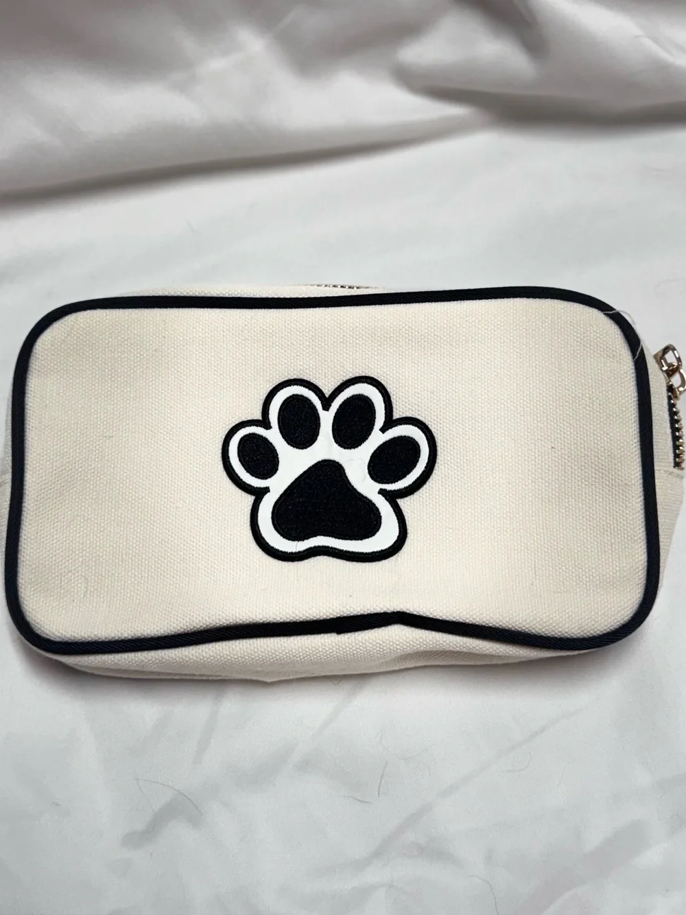 Canvas Paw Print Dog Makeup Bag/Pencil Pouch - White with Black Trim